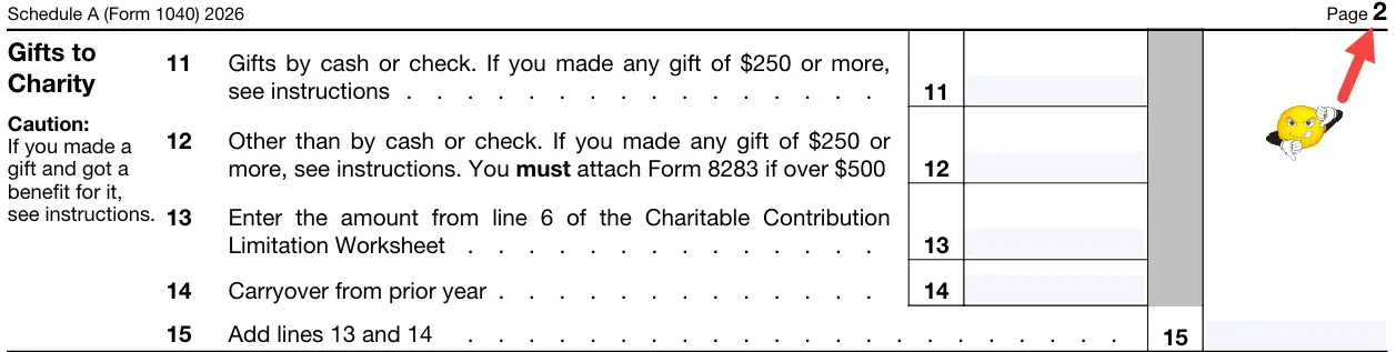 2026 Schedule A draft – Gifts to Charity section, lines 11–15