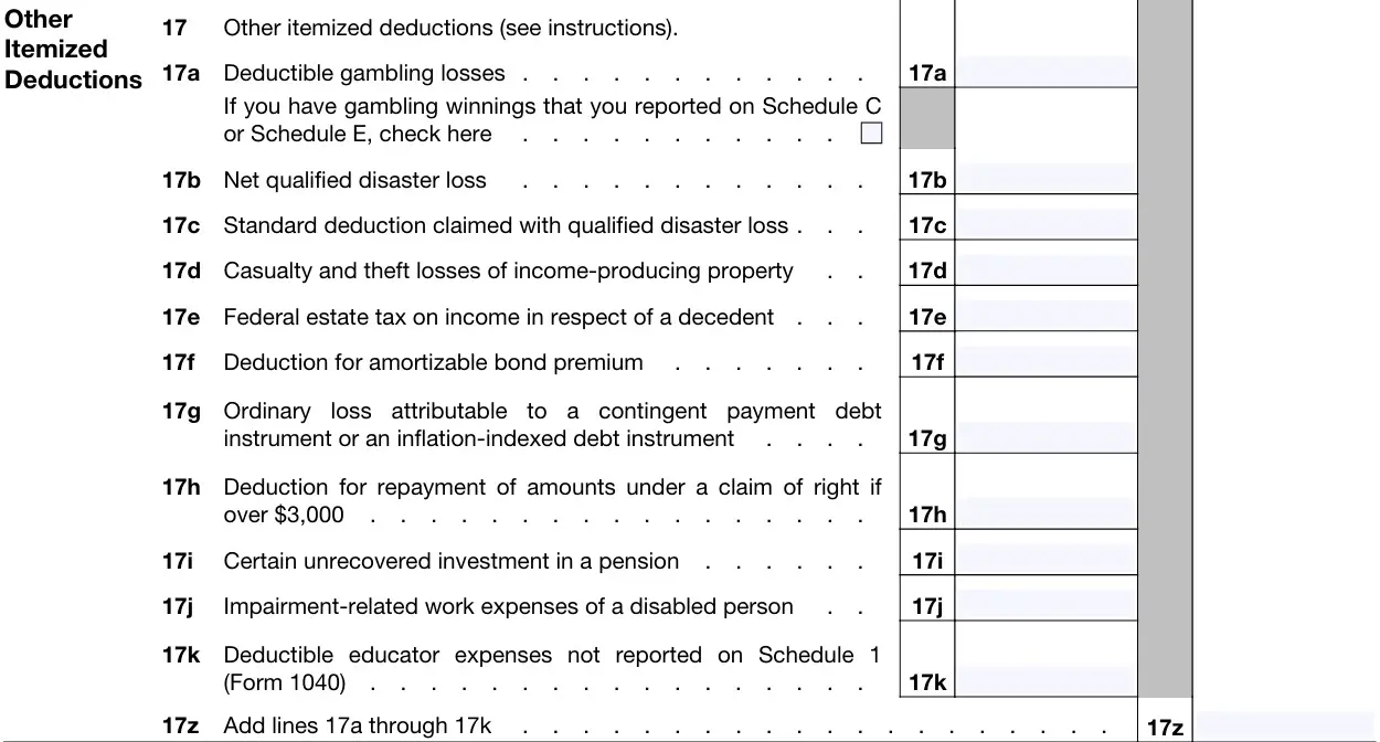 2026 Schedule A draft – Other Itemized Deductions, lines 17a–17z