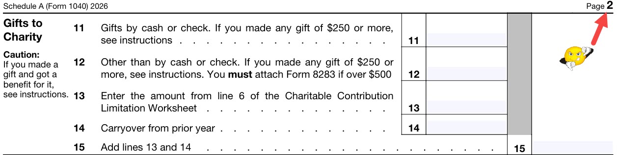 2026 Schedule A draft – Gifts to Charity section, lines 11–15