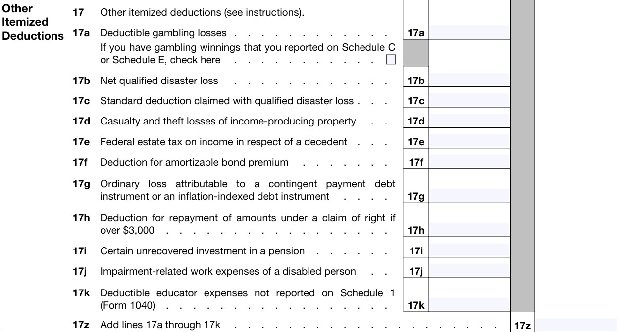 2026 Schedule A draft – Other Itemized Deductions, lines 17a–17z